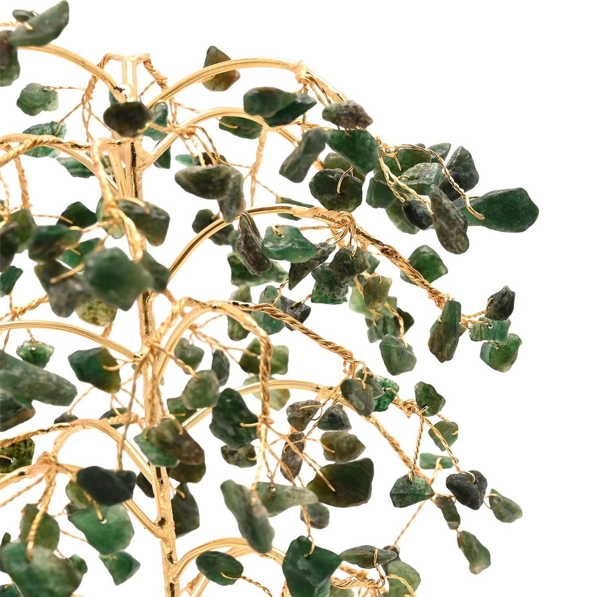 Close-up of the Aventurine LED Glow Tree, showing gold wire branches draped with green aventurine chip leaves in layered, weeping tiers, against a plain white background.