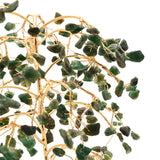 Close-up of the Aventurine LED Glow Tree, showing gold wire branches draped with green aventurine chip leaves in layered, weeping tiers, against a plain white background.