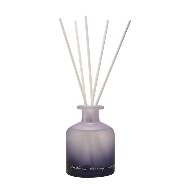 Amethyst Crystal Infused Oil Reed Diffuser 230ml with a frosted glass bottle shading from soft purple to black, five white reeds, and handwritten script text, shown on a plain white background.