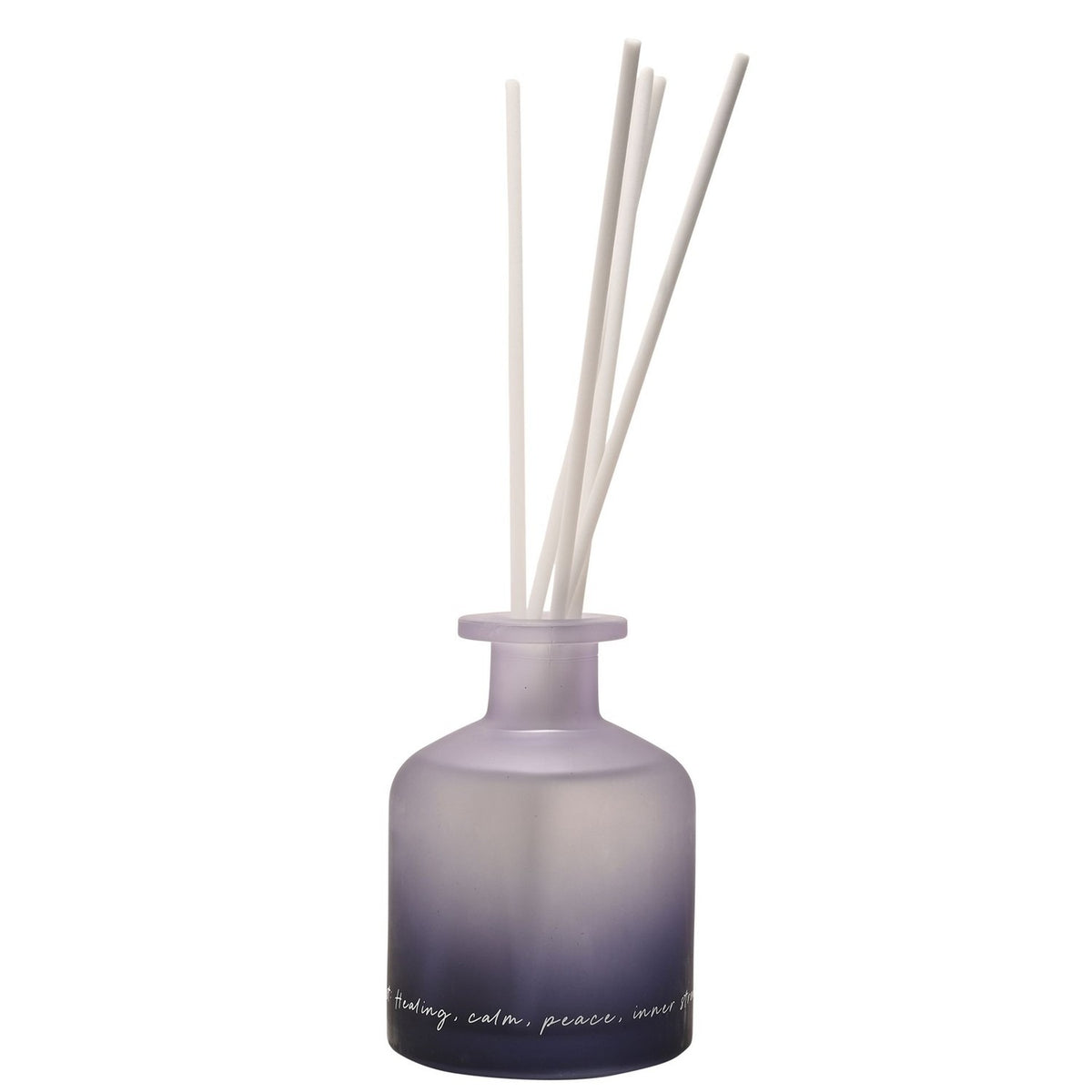 Amethyst Crystal Infused Oil Reed Diffuser 230ml in a frosted glass bottle shading from soft purple to near-black, with white reeds and handwritten script, on a plain white background.