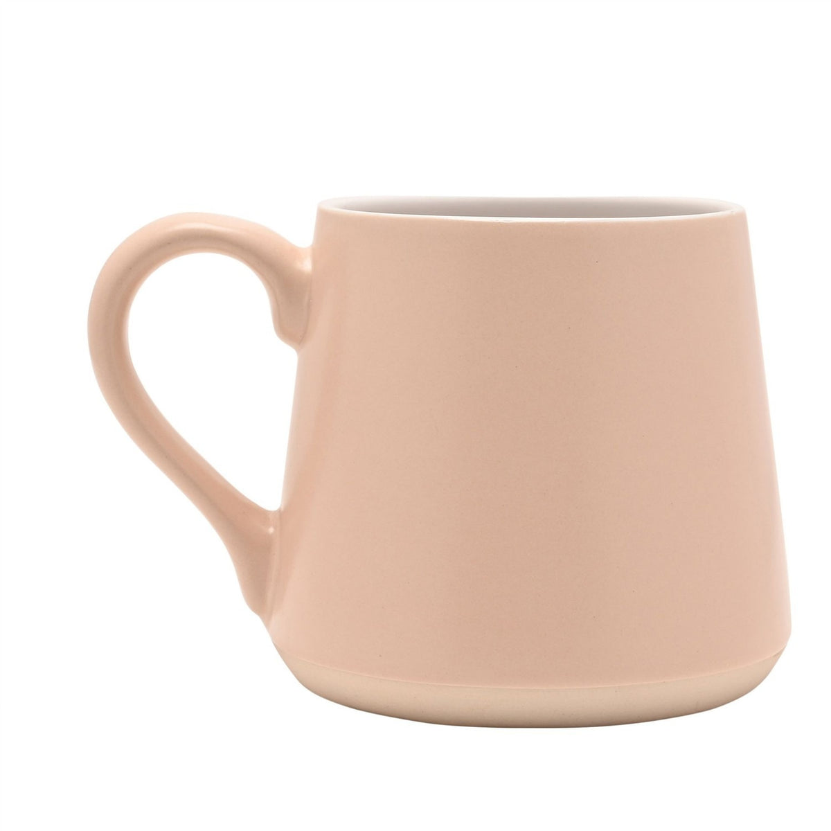 Pink earthenware mug with a tapered body, curved handle, white interior, and bare sandy clay band at the base, shown against a plain white background.