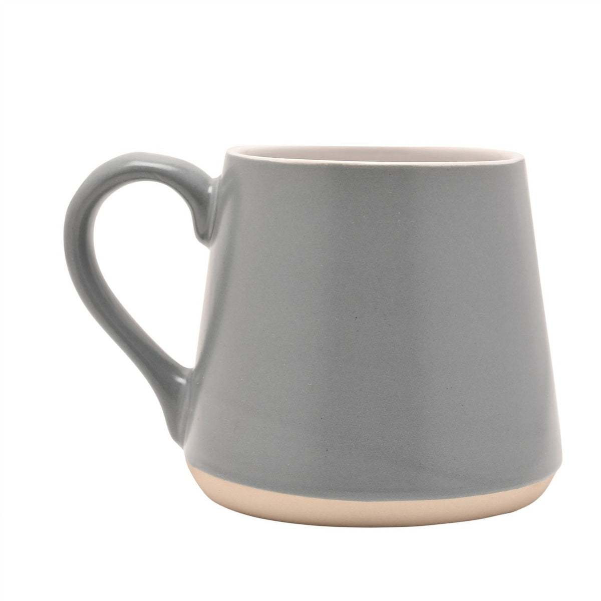 Grey tapered earthenware mug with white interior and a C-shaped handle, showing an unglazed pale band at the foot, set on a plain white background.