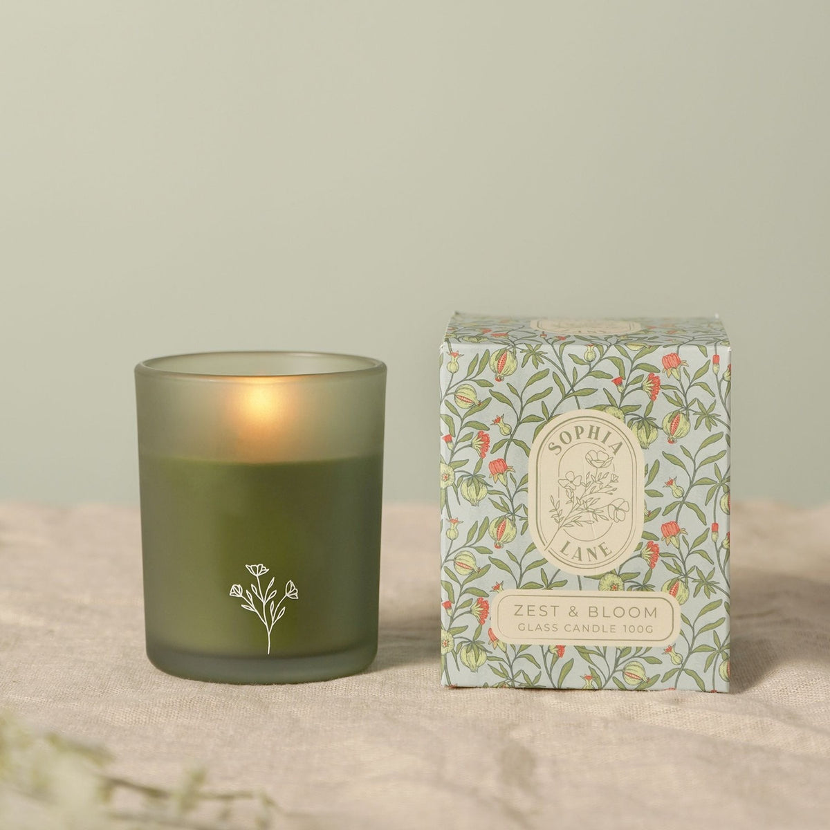 Zest & Bloom Matt Scented Candle with Floral Sprig - Green