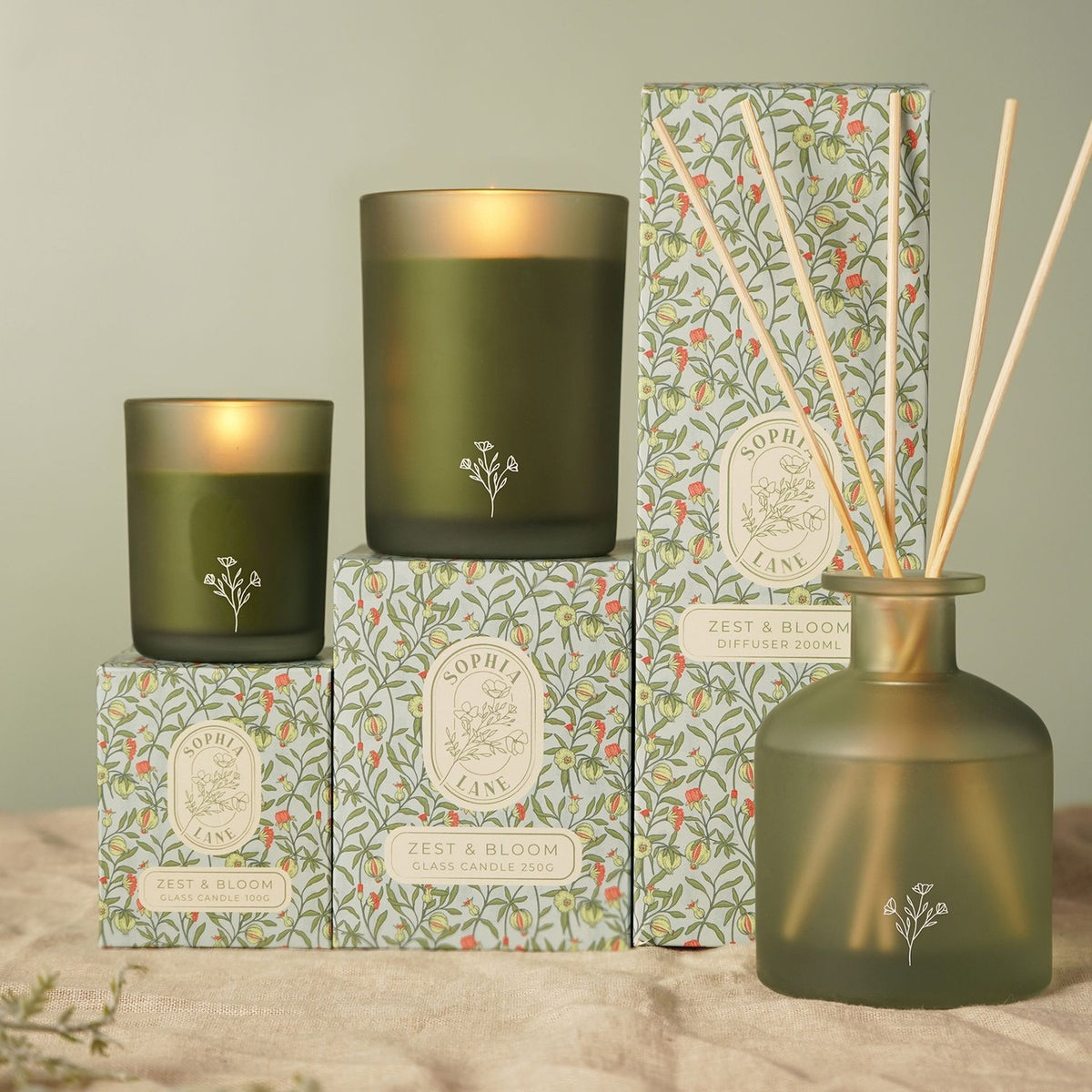 Zest & Bloom Matt Scented Candle with Floral Sprig - Green
