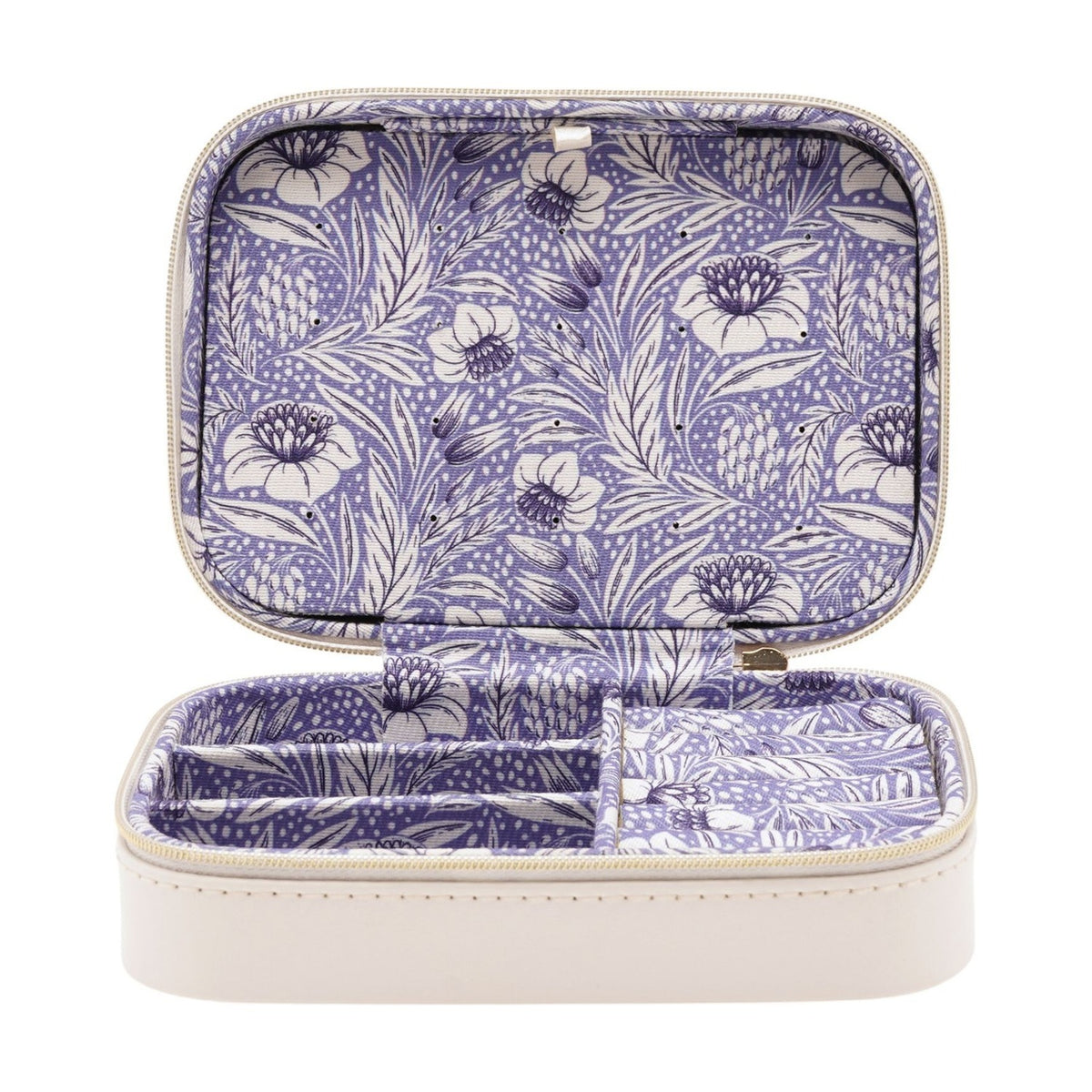 Floral Lined Zip Jewellery Box with Dividers - White & Blue