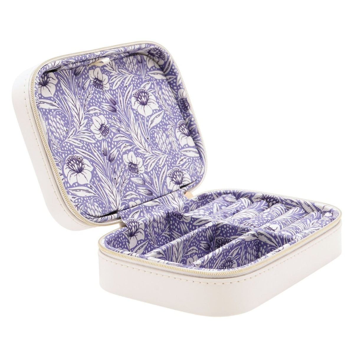 Floral Lined Zip Jewellery Box with Dividers - White & Blue