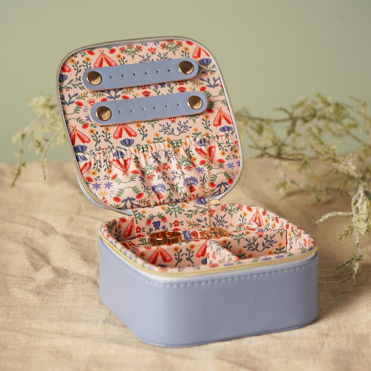 Floral Lined Zip Jewellery Box with Compartments - Blue