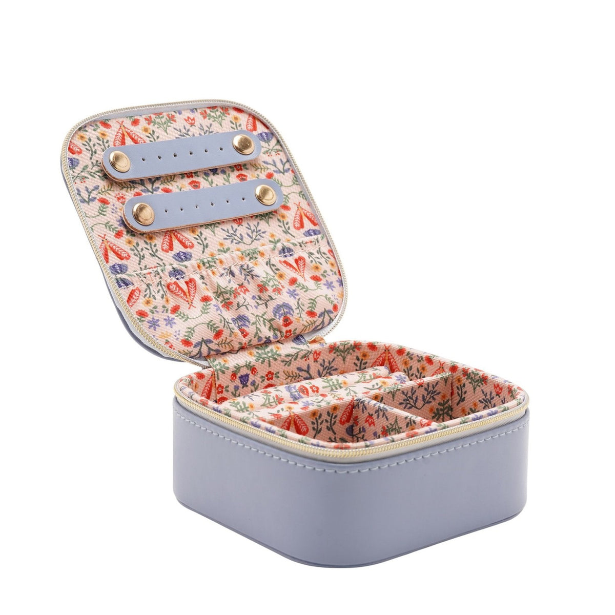 Floral Lined Zip Jewellery Box with Compartments - Blue