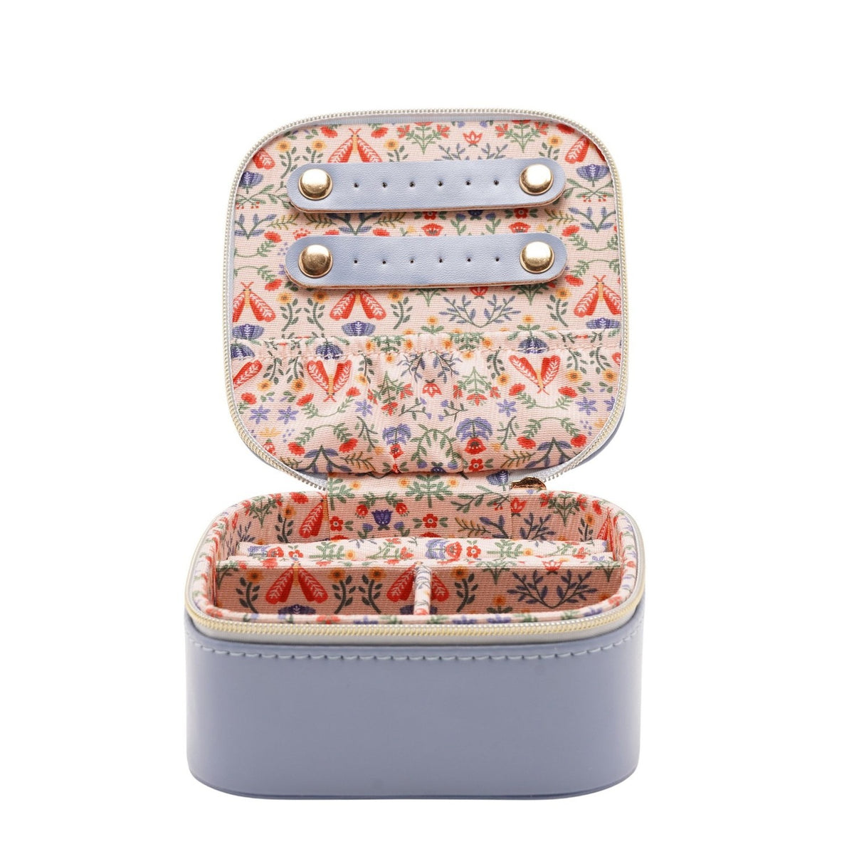 Floral Lined Zip Jewellery Box with Compartments - Blue