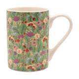 Floral Print Porcelain Mug 10oz with cream handle, rim and interior, green ground covered in pink, purple, red and cream blooms with blue daisies, on a white background.