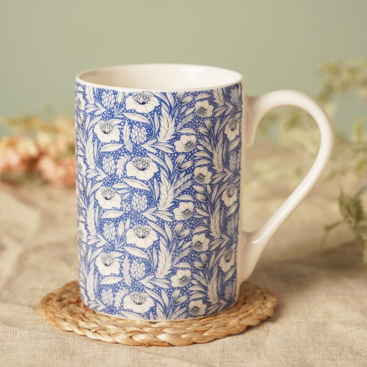 Floral and Leaf Print Porcelain Mug 10oz - Blue & White