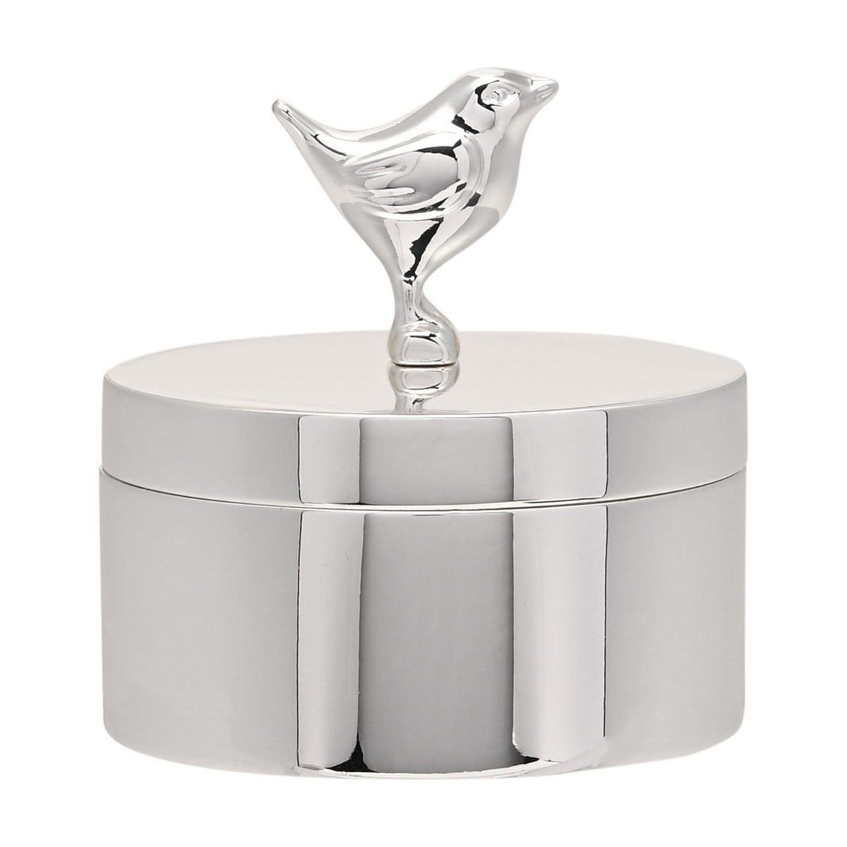 Silverplated round trinket box with a robin bird perched on the lid as its handle, in polished silver finish, shown on a plain white background.