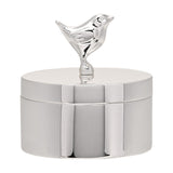 Silverplated round trinket box with a robin bird perched on the lid as its handle, in polished silver finish, shown on a plain white background.