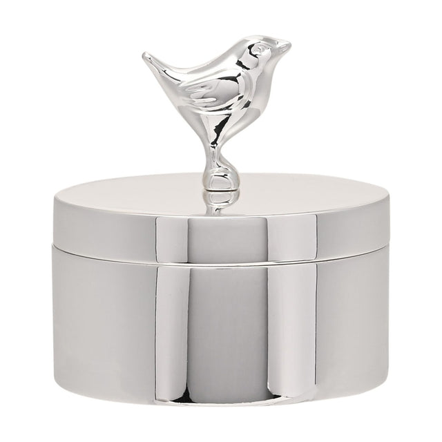 Silverplated round trinket box with a robin bird perched on the lid as its handle, in polished silver finish, shown on a plain white background.