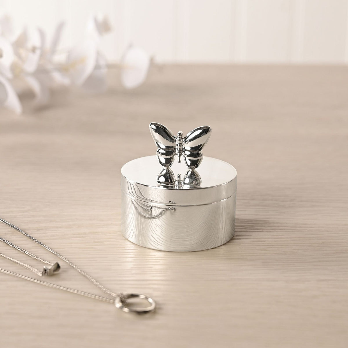 Silverplated Butterfly Round Lined Trinket Box - Silver
