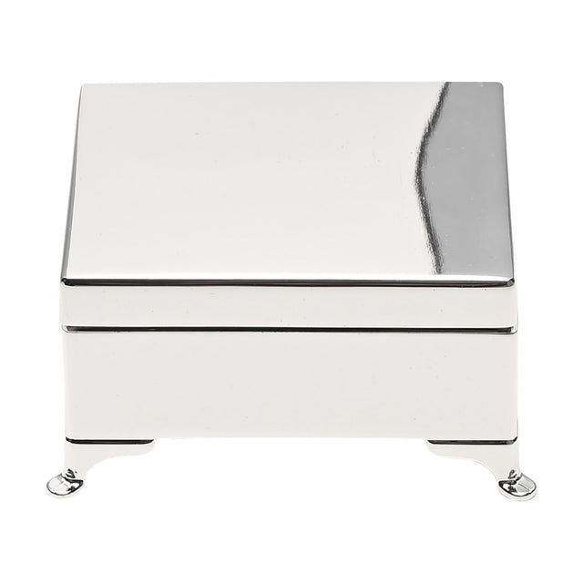 Silverplated rectangular trinket box with a smooth hinged lid, polished silver metal finish, and four small feet, shown on a plain white background.