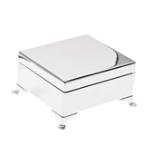 Silverplated rectangular trinket box with a smooth hinged lid and four small feet, shown on a plain white background.