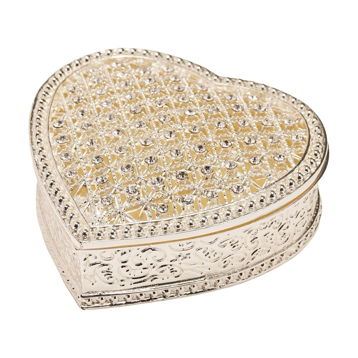 Heart Crystals Trinket Box with Hinged Lid - Silver & Cream