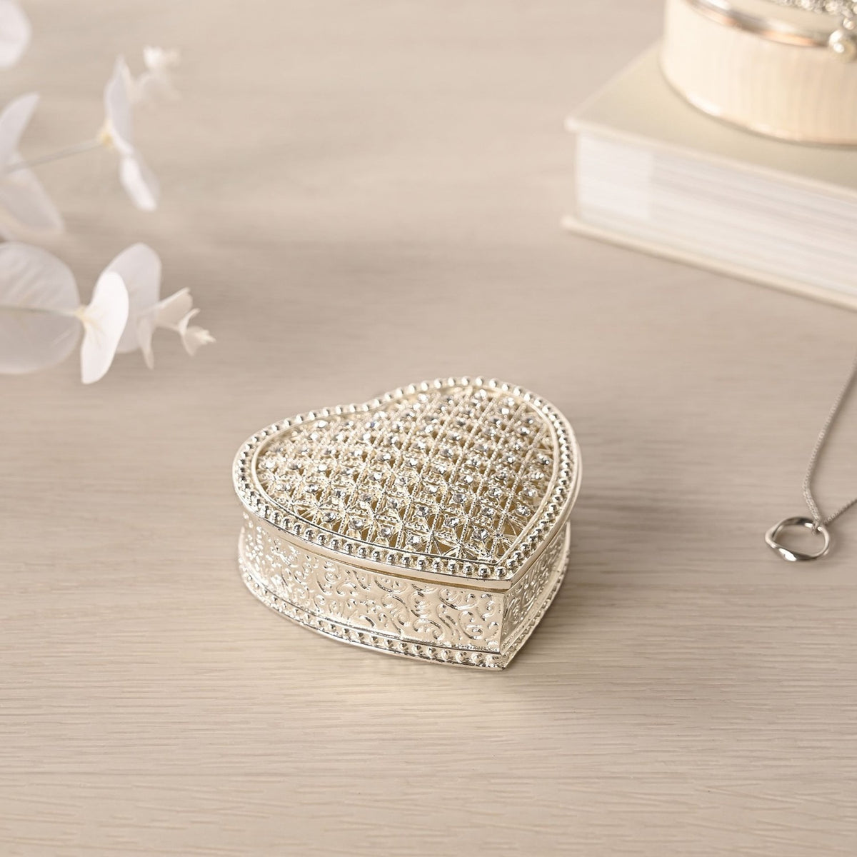 Heart Crystals Trinket Box with Hinged Lid - Silver & Cream