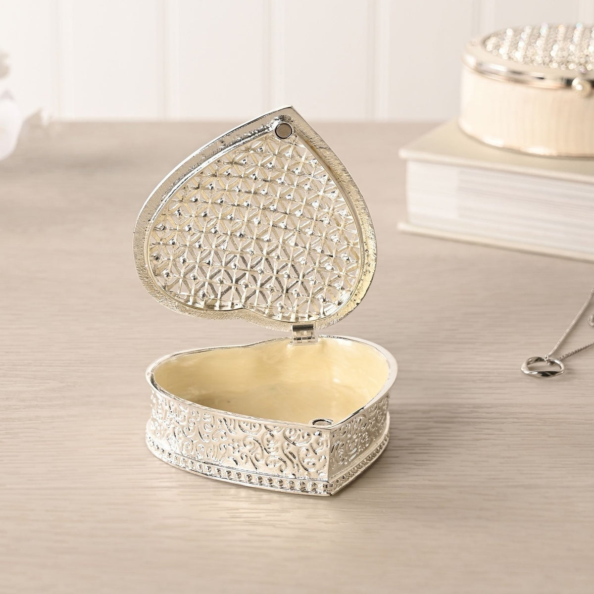 Heart Crystals Trinket Box with Hinged Lid - Silver & Cream