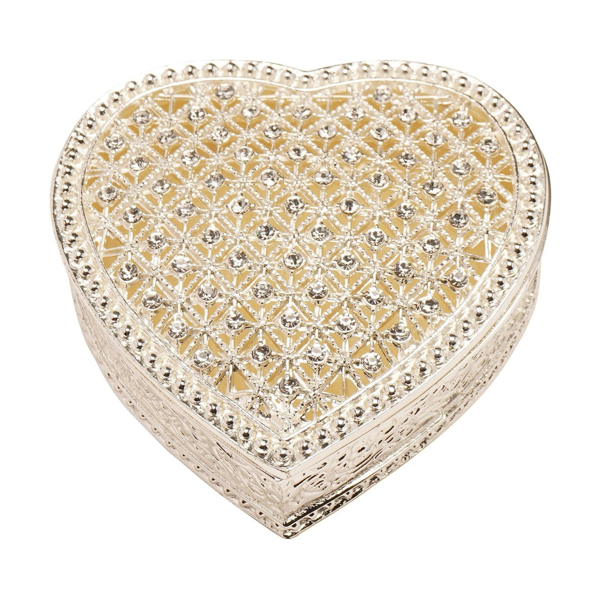 Heart Crystals Trinket Box with Hinged Lid - Silver & Cream