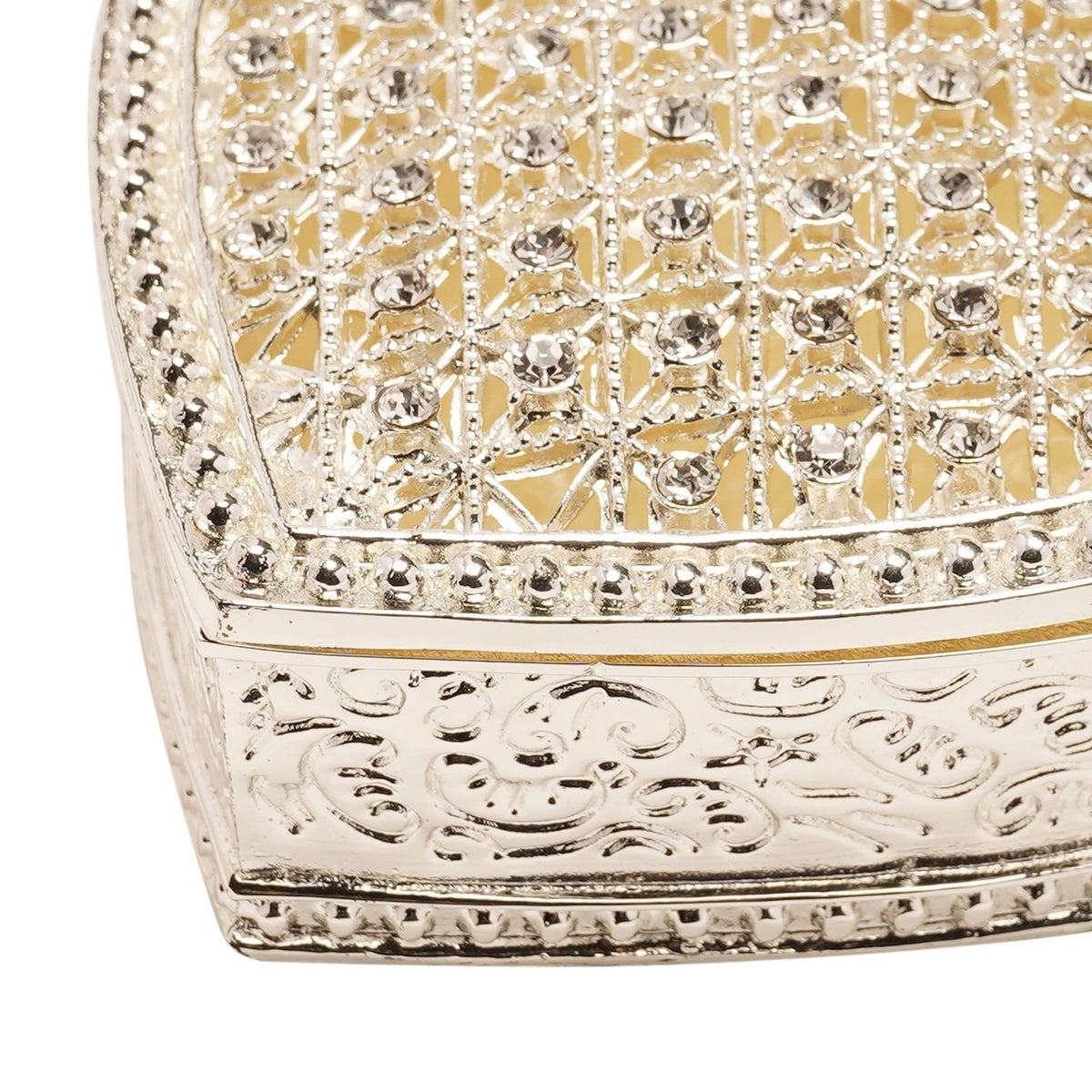 Heart Crystals Trinket Box with Hinged Lid - Silver & Cream