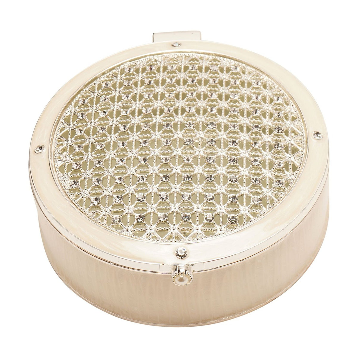 Round Crystals Trinket Box with Lattice Lid - Cream & Silver