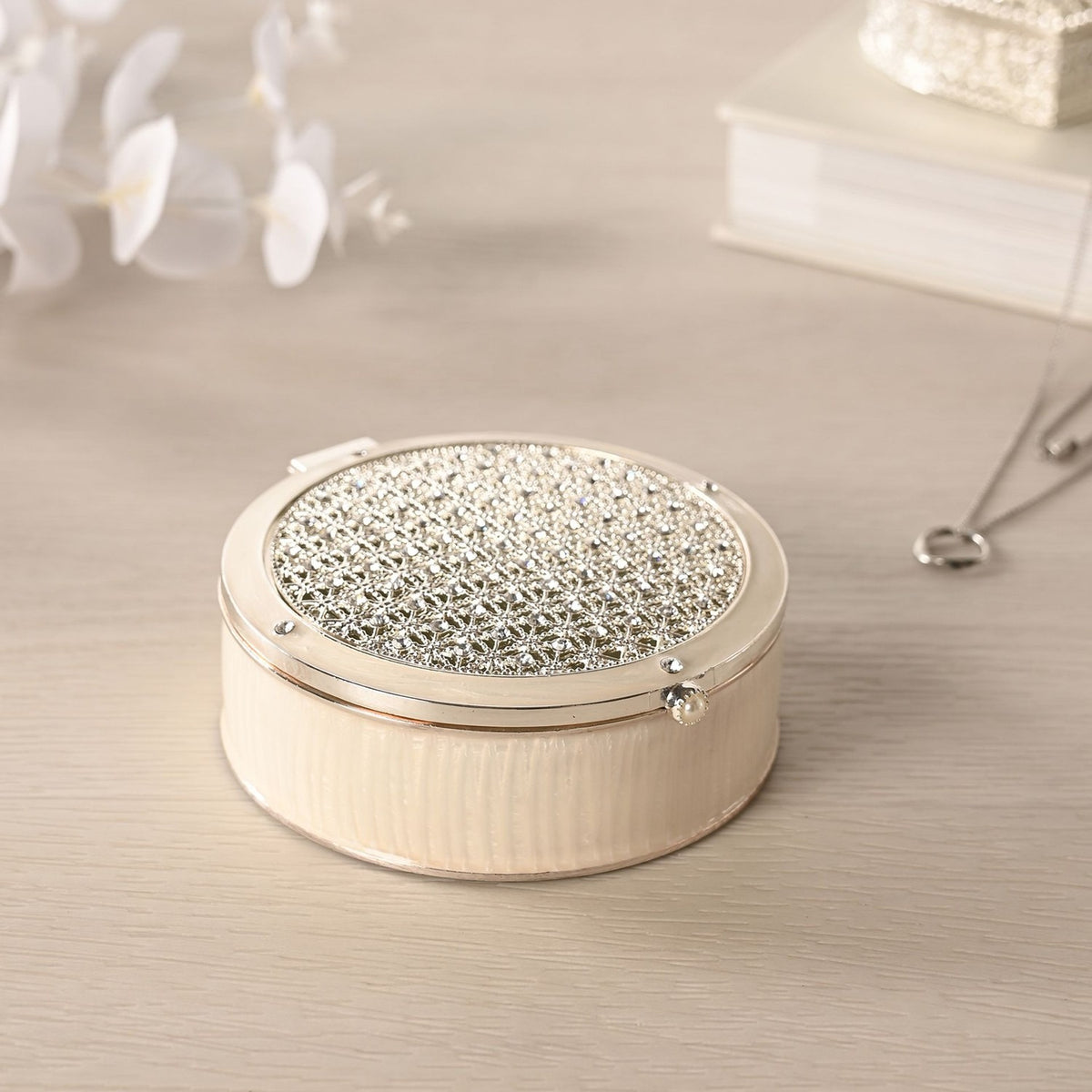Round Crystals Trinket Box with Lattice Lid - Cream & Silver
