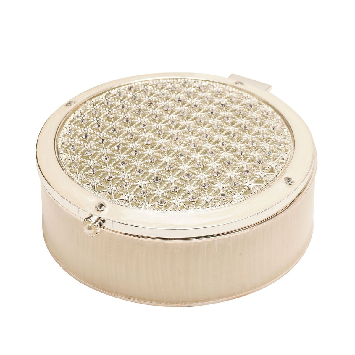Round Crystals Trinket Box with Lattice Lid - Cream & Silver