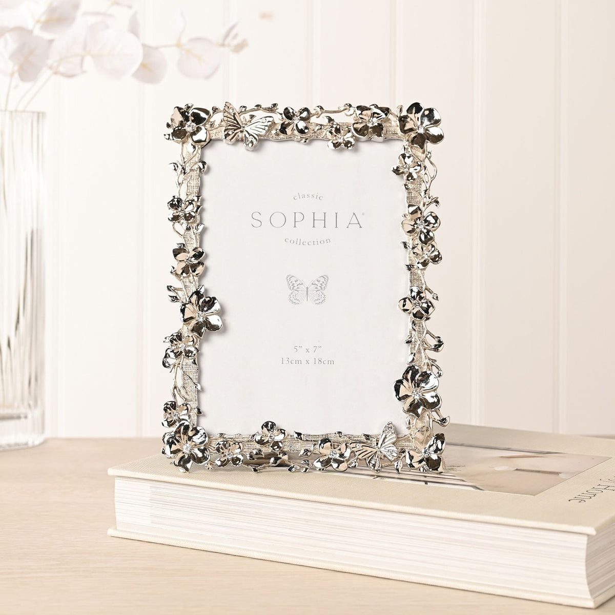 Floral Butterfly Nickel Plated Photo Frame 7 x 5in - Silver