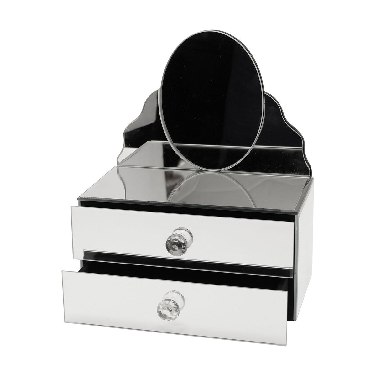 Mirrored Glass Trinket Box with Jewellery Drawers - Silver