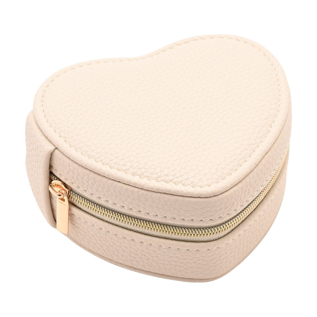 Heart-shaped jewellery box in cream pebble-grain plastic with a gold-tone zip closure, shown on a plain white background.
