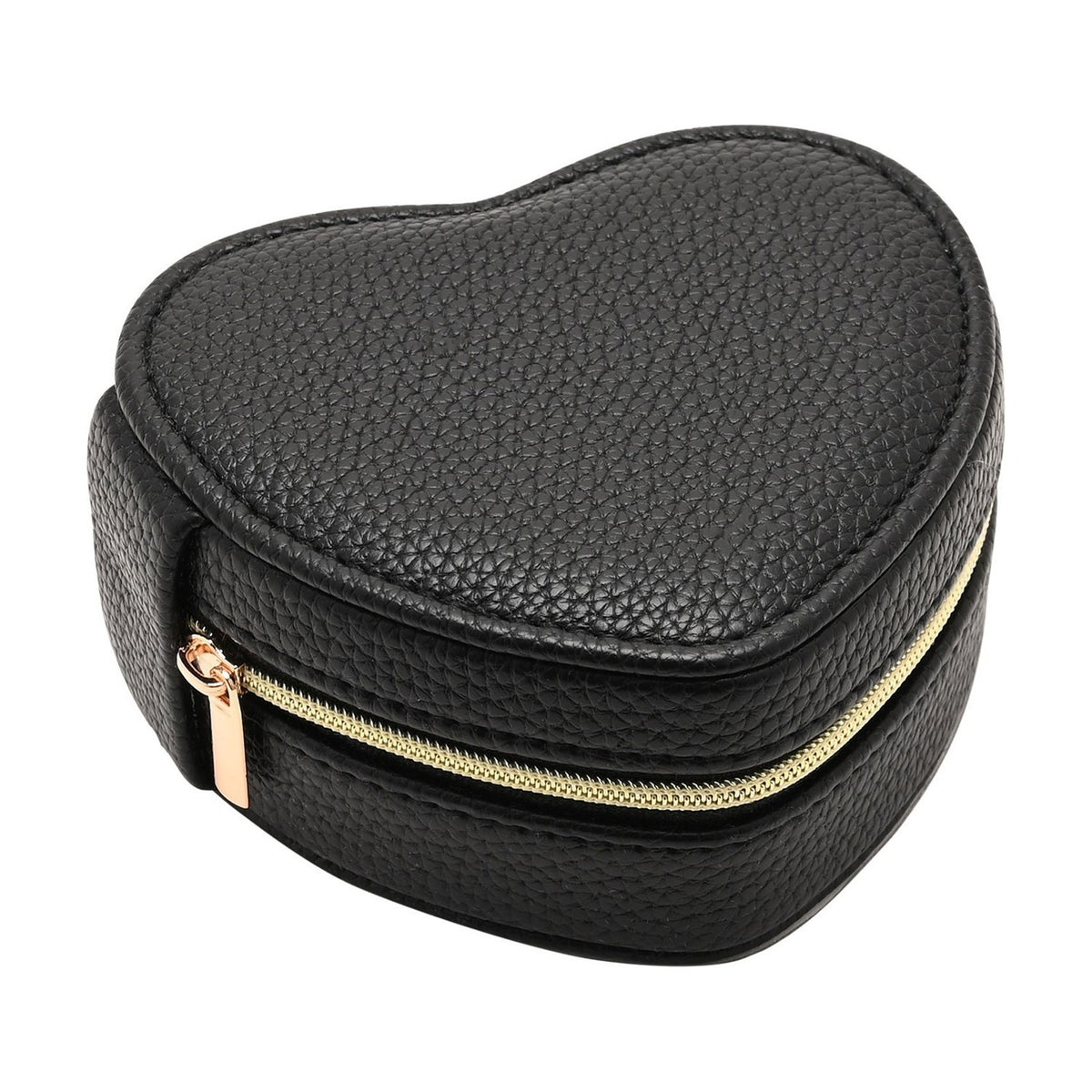 Heart-shaped jewellery box in black pebbled-grain plastic with stitched edges and a gold-tone zip closure, cream lining visible inside, shown on a plain white background.