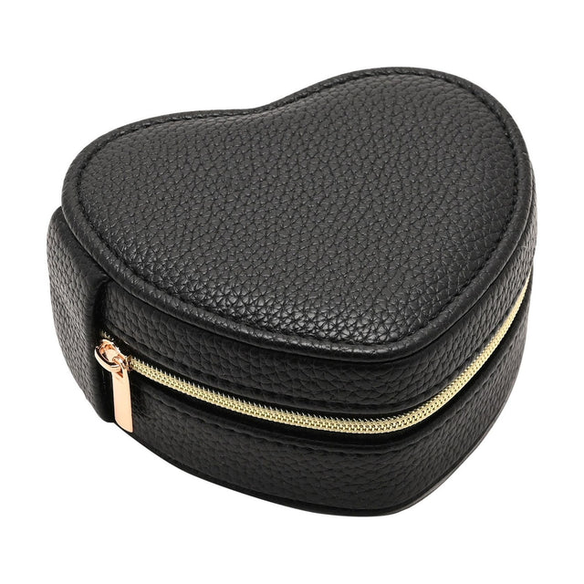 Heart-shaped jewellery box in black pebbled-grain plastic with stitched edges and a gold-tone zip closure, cream lining visible inside, shown on a plain white background.