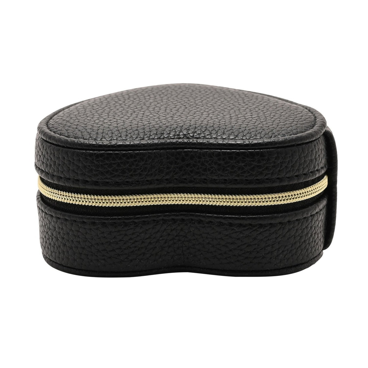 Heart Plastic Jewellery Box with Ring Rolls in black, pebbled-grain finish with a gold-tone zip closure, shown on a plain white background.