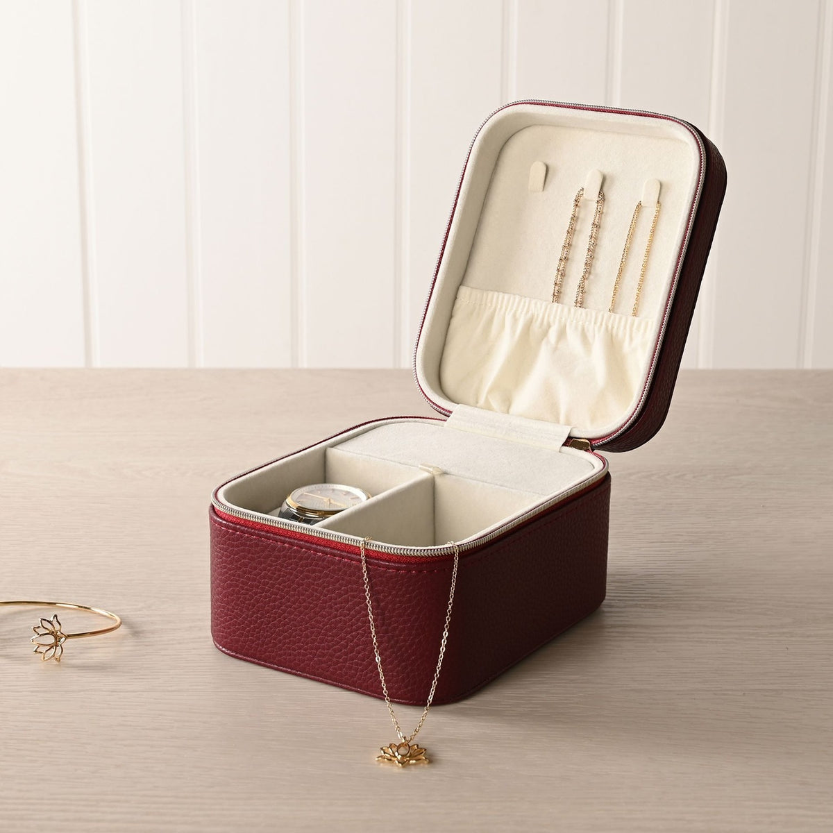 Zipped Plastic Jewellery Box with Watch Compartment - Red