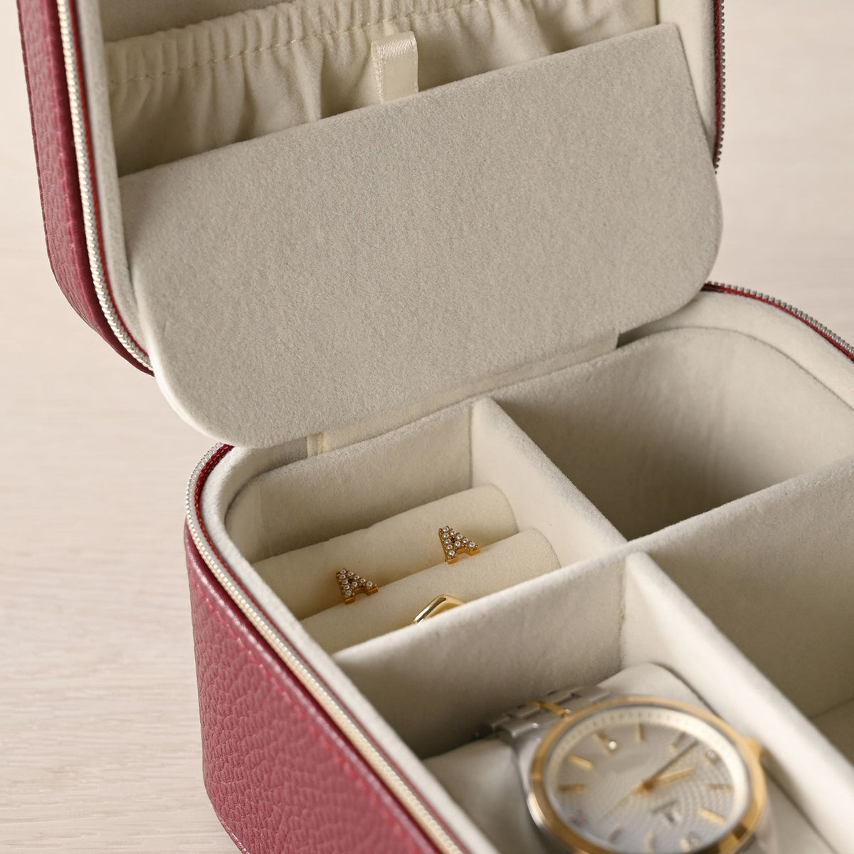 Zipped Plastic Jewellery Box with Watch Compartment - Red