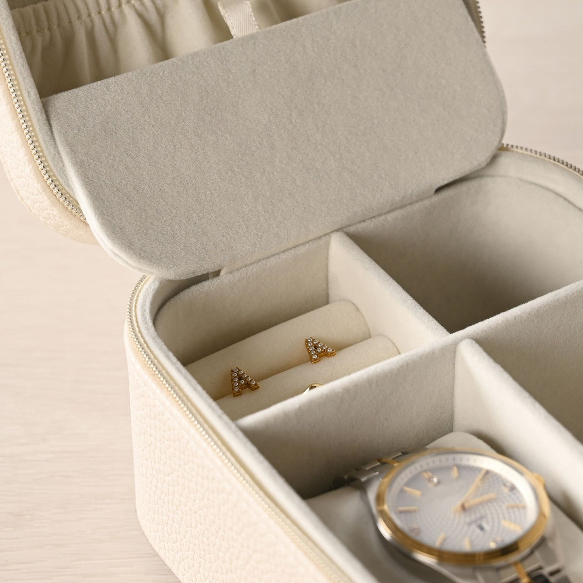 Zipped Plastic Jewellery Box with Watch Compartment - Cream