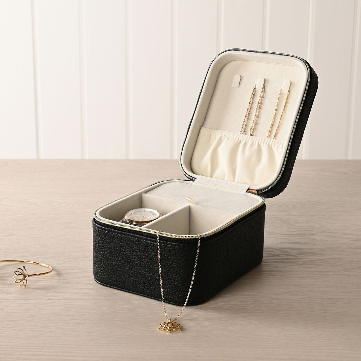Zip Plastic Jewellery Box with Watch Section - Black & Cream