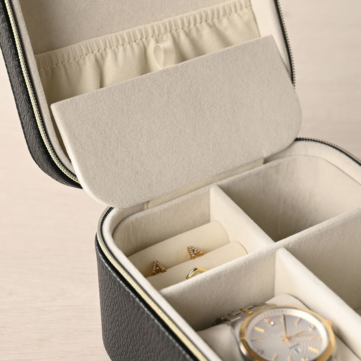 Zip Plastic Jewellery Box with Watch Section - Black & Cream
