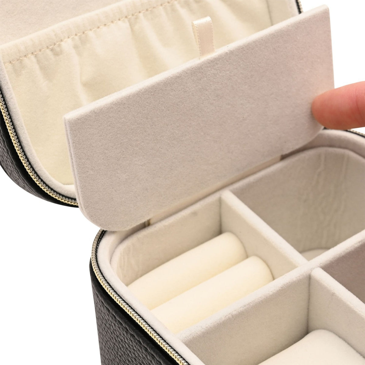 Zip Plastic Jewellery Box with Watch Section - Black & Cream