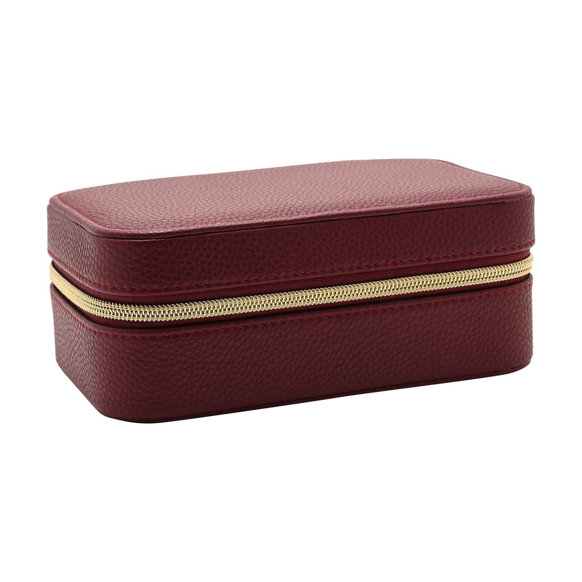 Medium rectangular jewellery box in red pebbled plastic with stitched edges and a gold-tone zip closure, shown closed on a plain white background.
