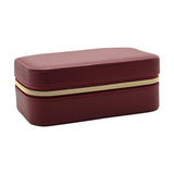 Medium rectangular jewellery box in red pebbled plastic with stitched edges and a gold-tone zip closure, shown closed on a plain white background.