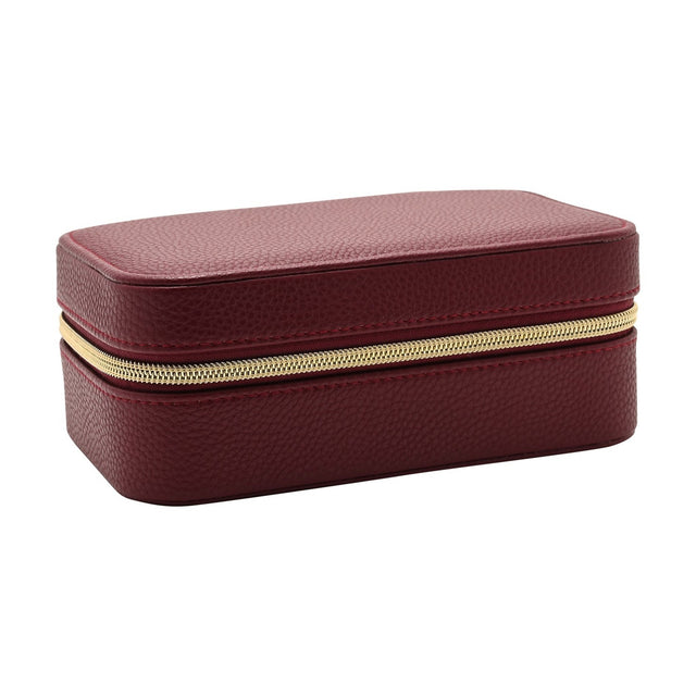 Medium rectangular jewellery box in red pebbled plastic with stitched edges and a gold-tone zip closure, shown closed on a plain white background.