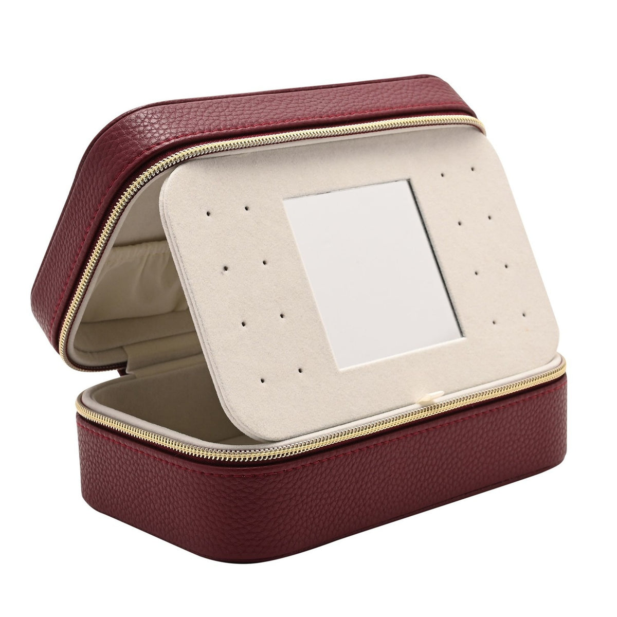 Medium rectangular red plastic jewellery box with pebbled texture, gold-tone zip, cream lining, and a lid mirror framed by pierced stud holes, shown open on a white background.