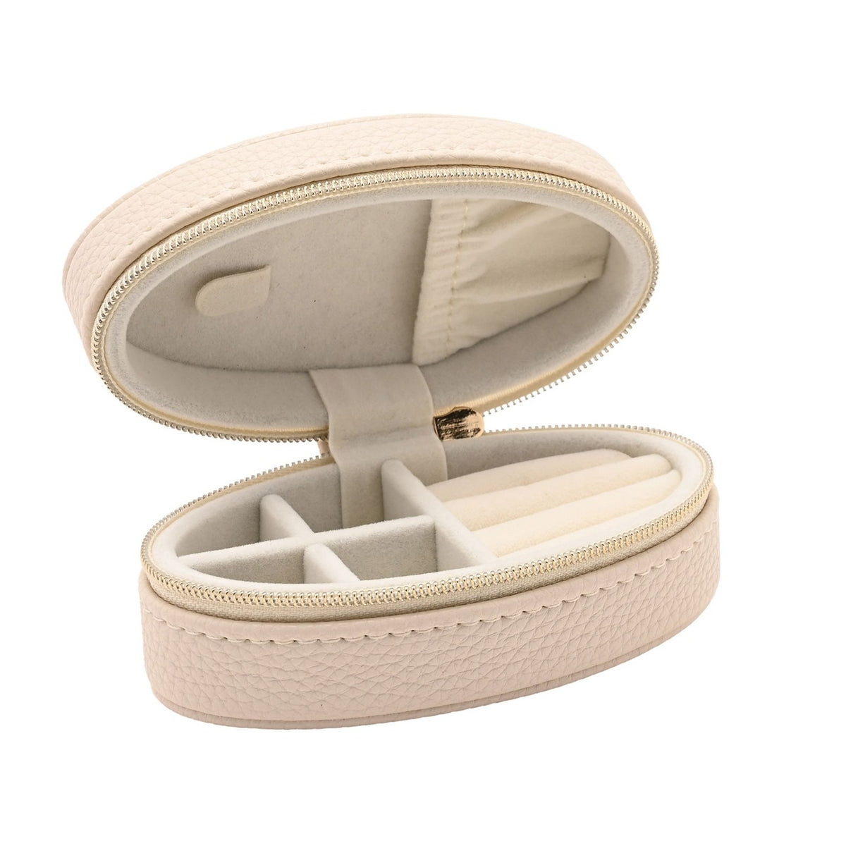 Mini Oval Zip Plastic Jewellery Box with Ring Rolls - Cream