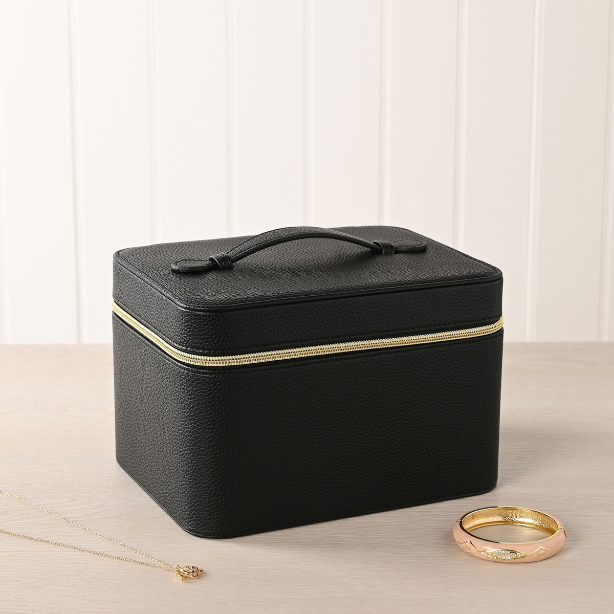 Large Plastic Jewellery Box with Mirror - Black & Cream