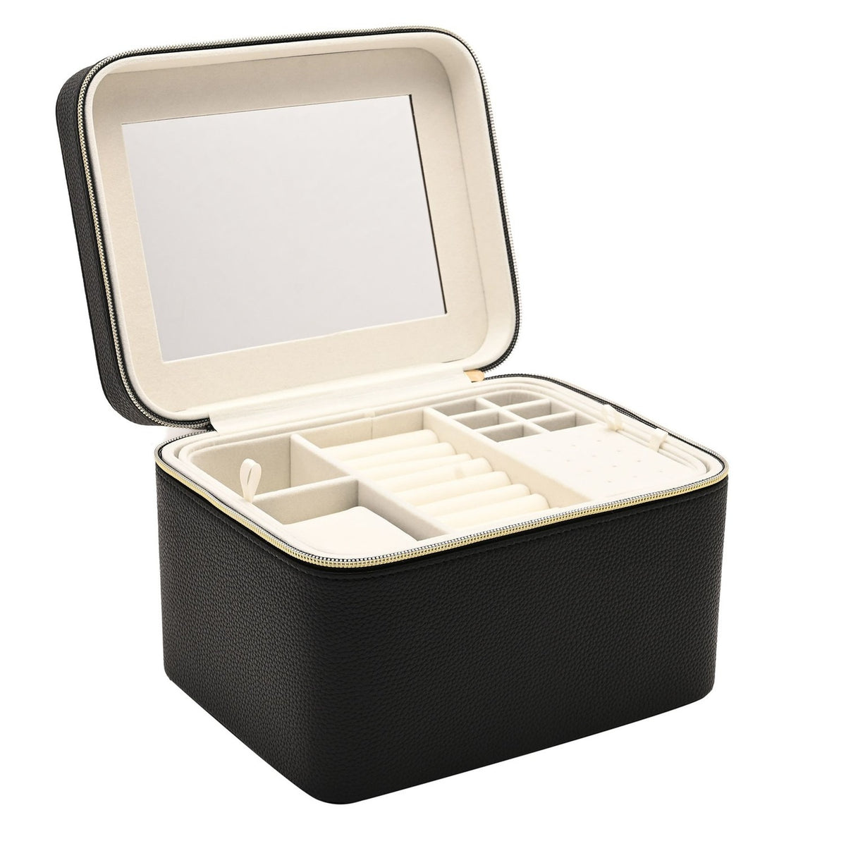 Large Plastic Jewellery Box with Mirror - Black & Cream