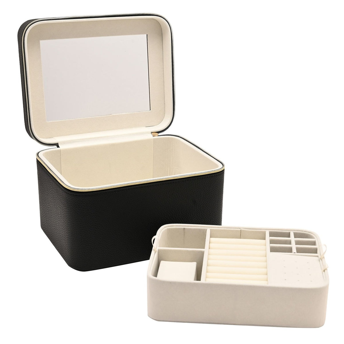 Large Plastic Jewellery Box with Mirror - Black & Cream