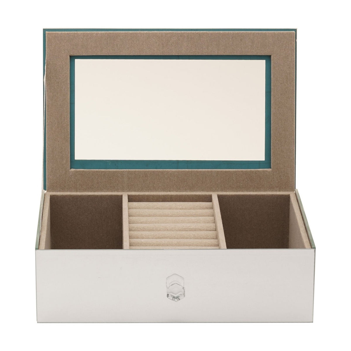 Open silver mirror glass jewellery box with taupe lined interior, showing a central ring roll and two side compartments, plus a mirror inside the lid, on a white background.